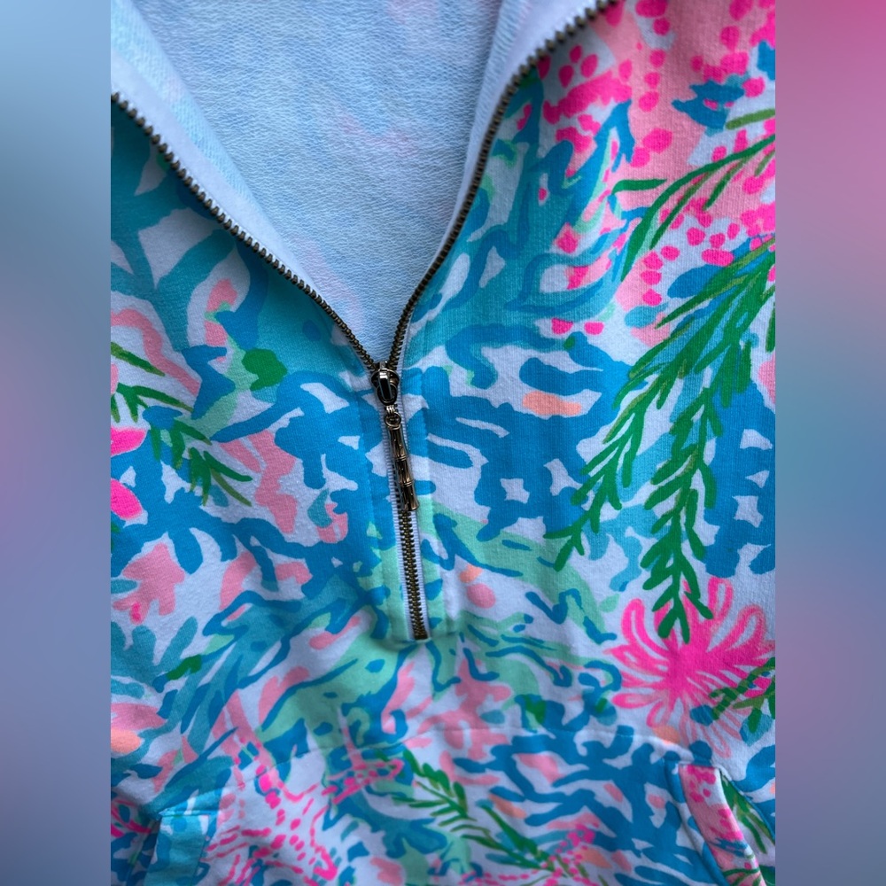 Lilly Pulitzer Coral Reef Print Quarter-Zip Pullover in Blue, Pink, Green - Picture 3 of 7